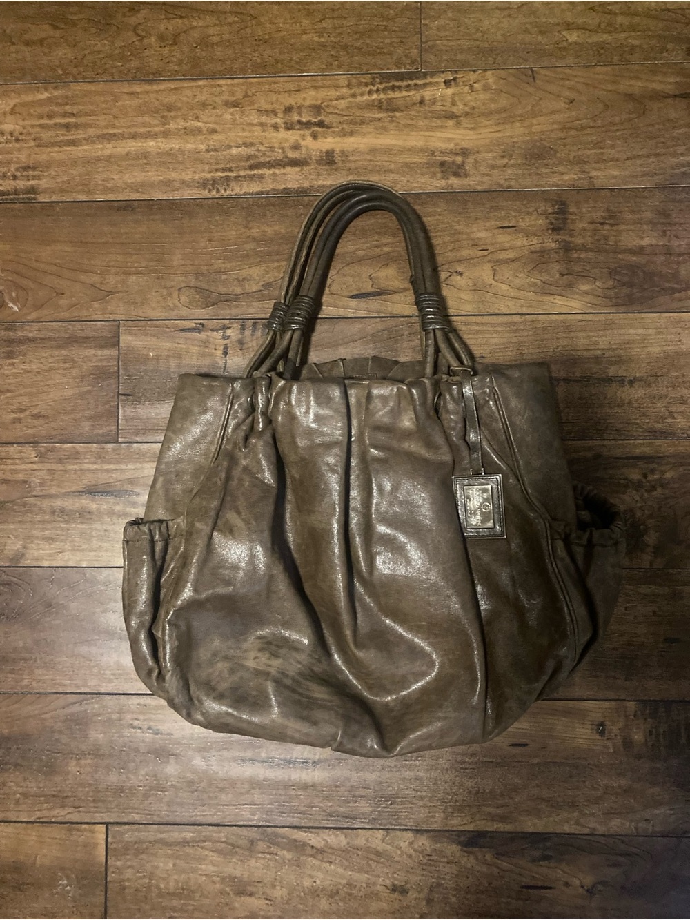 Giorgio Armani Grey Brown Leather Gathered Tote